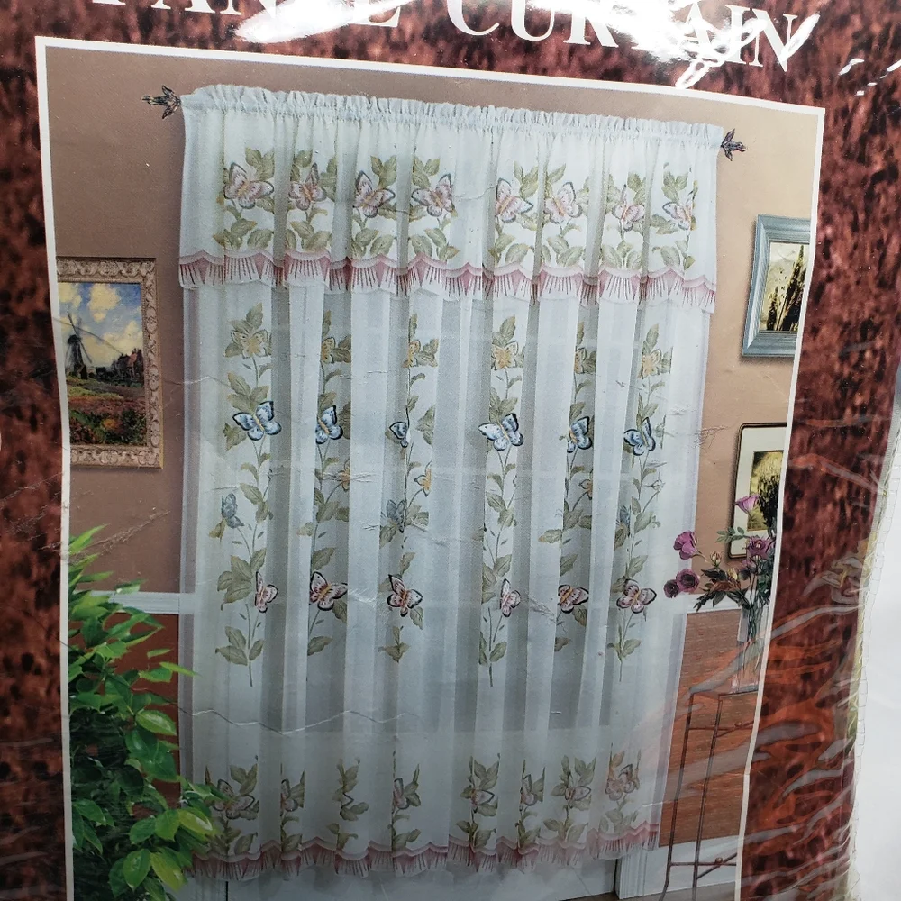 Andrea Sheer Curtain Panel 60 x 90 Pink Butterflies Green Gold Attached Valance